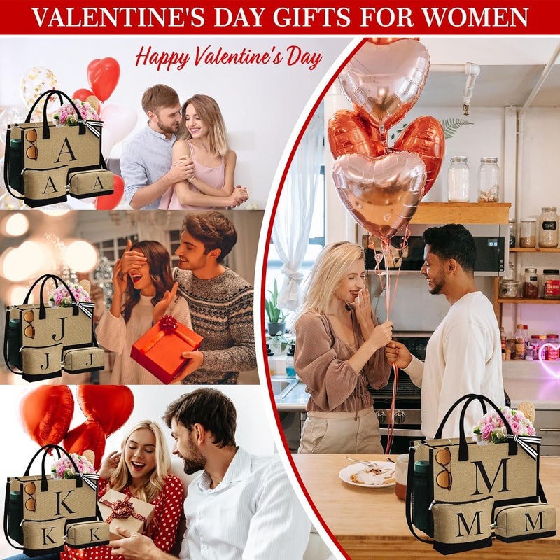 YOOLIFE Gifts for Women - Initial Jute Tote Bag & 2 Makeup Bag, Valentine Day Gifts for Her Women Teacher Wife Mom Friend - Image 2